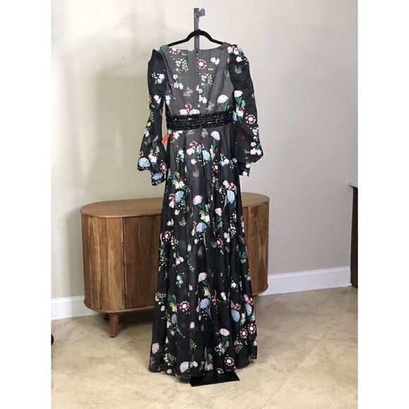 Mac Duggal 79361 EMBROIDERED BISHOP SLEEVE V NECK GOWN Black Multi Sz 6 - $798 - Picture 11 of 15